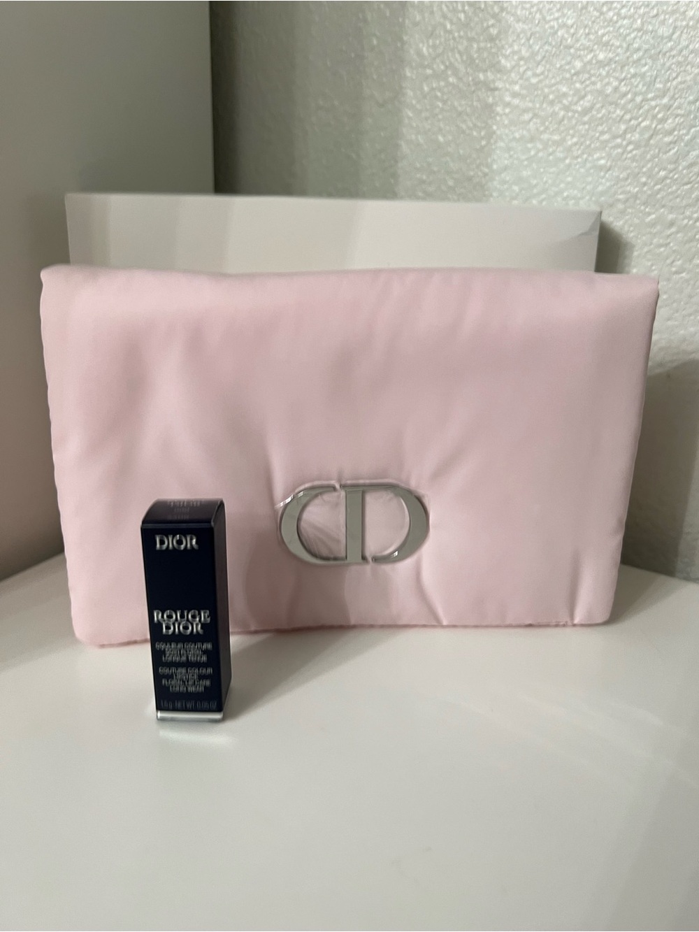 Dior Pink Cosmetic Pouch with Rouge Dior red mini Lipstick.